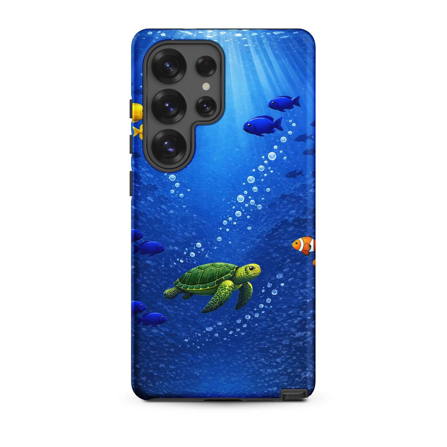 Phone Case for Samsung Galaxy featuring a sea turtle and vibrantly colored tropical fish in a deep blue ocean.