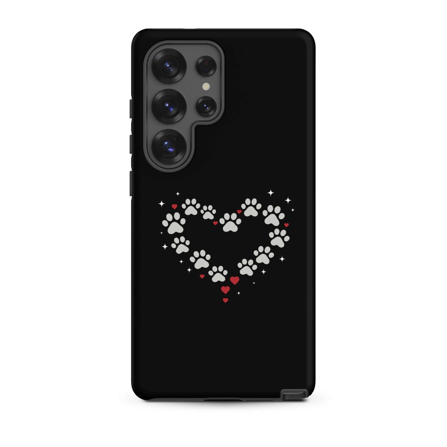 Phone Case featuring paw-print heart design on a black background for Samsung Galaxy.