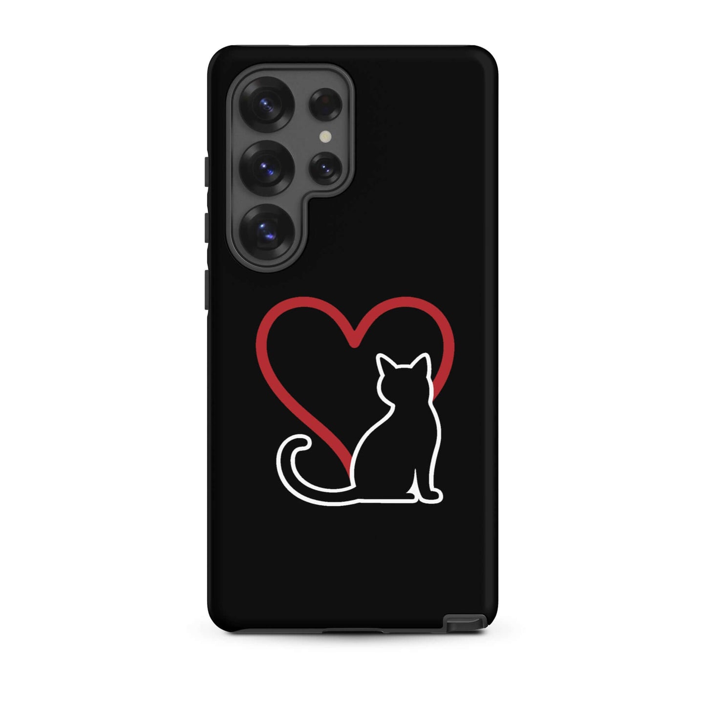 Phone Case featuring a minimalist black cat and red heart design, perfect for cat lovers.