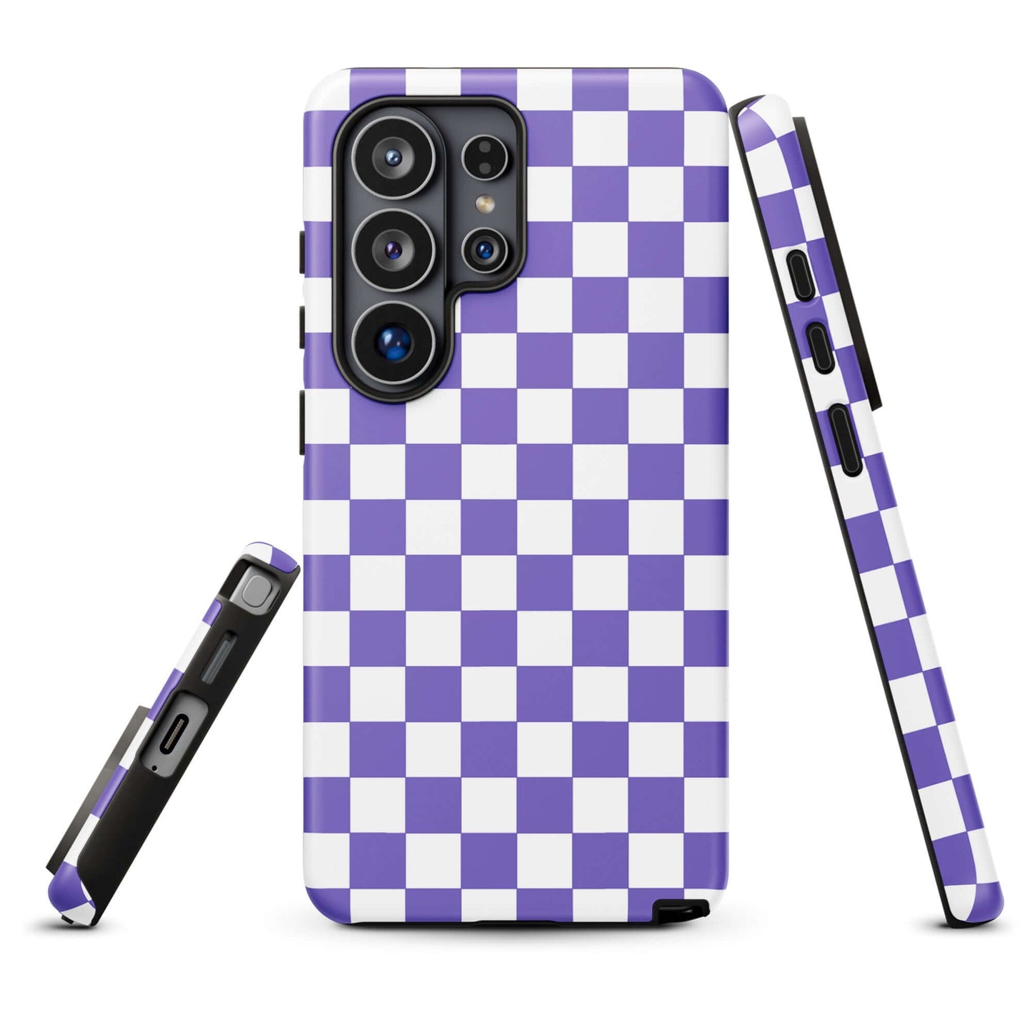 Phone Case for Samsung Galaxy with purple and white checkered pattern, stylish and bold design for modern fashion-forward users.
