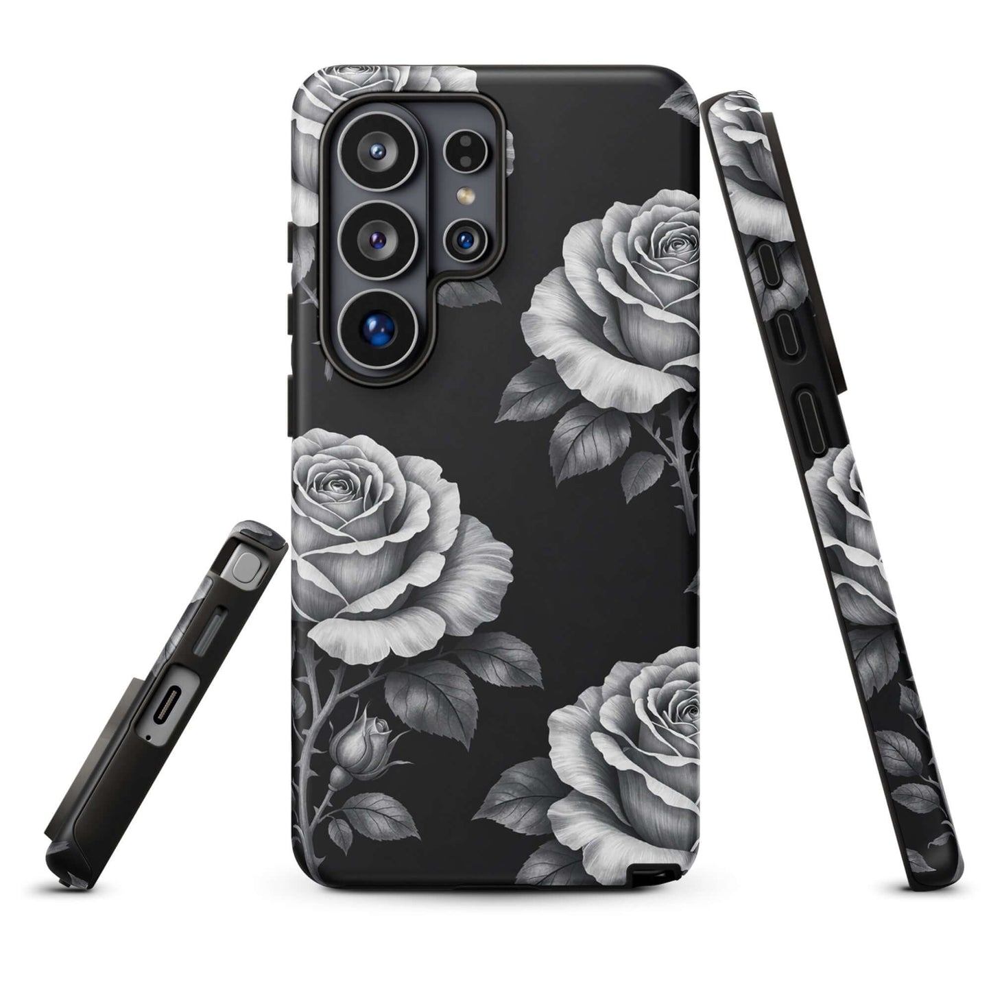 Phone Case for Samsung Galaxy with hand-sketched roses and leaves on black, floral design, Rose Garden Tough Case.