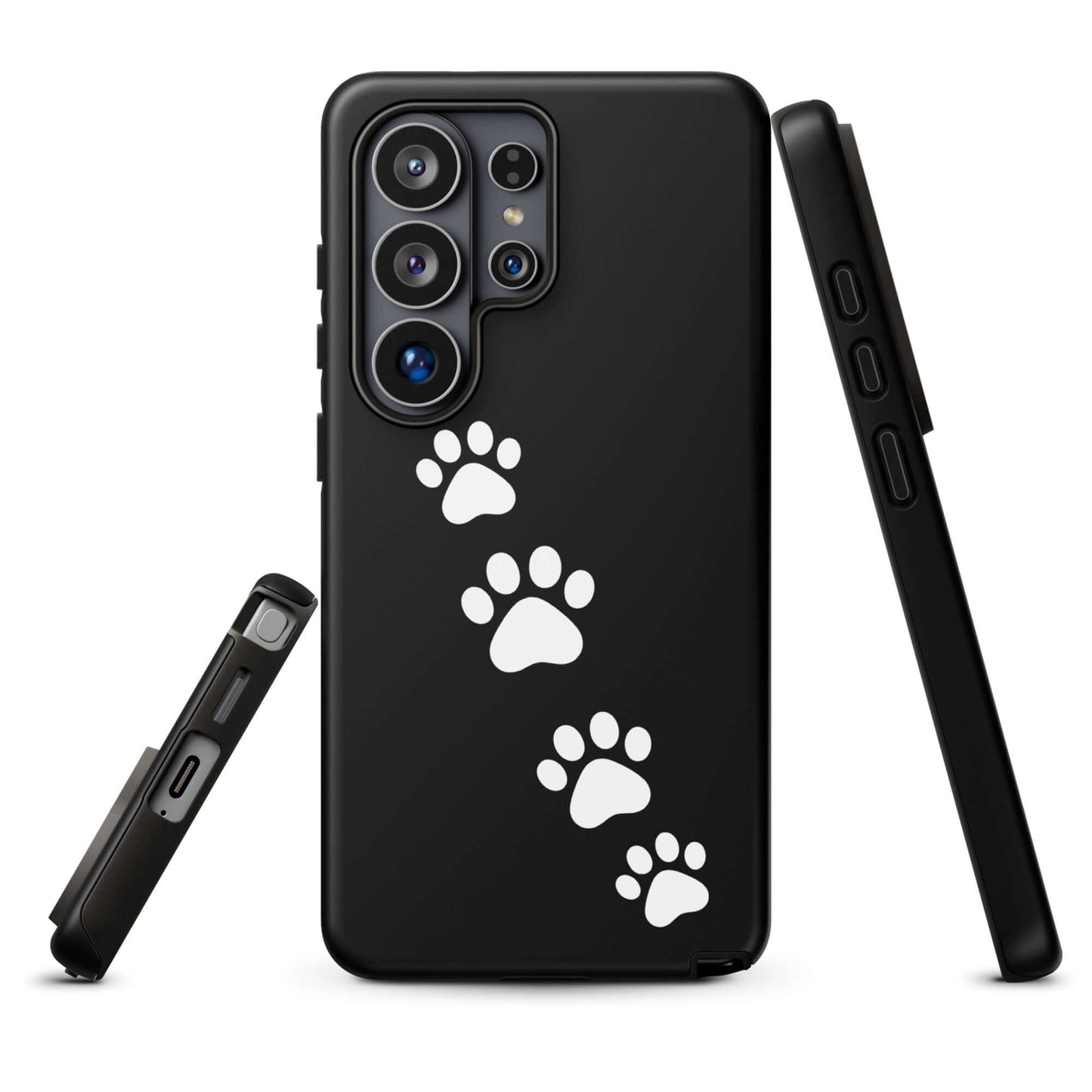 Phone case for Samsung Galaxy featuring white paw-print trail design on sleek black background, ideal for playful pet lovers.