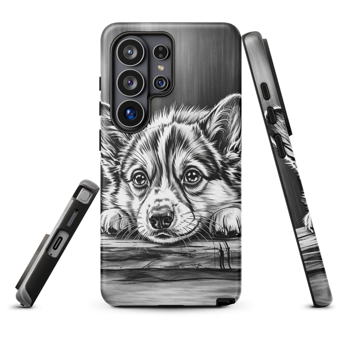 Phone Case for Samsung Galaxy with elegant black-and-white puppy art on textured wood background