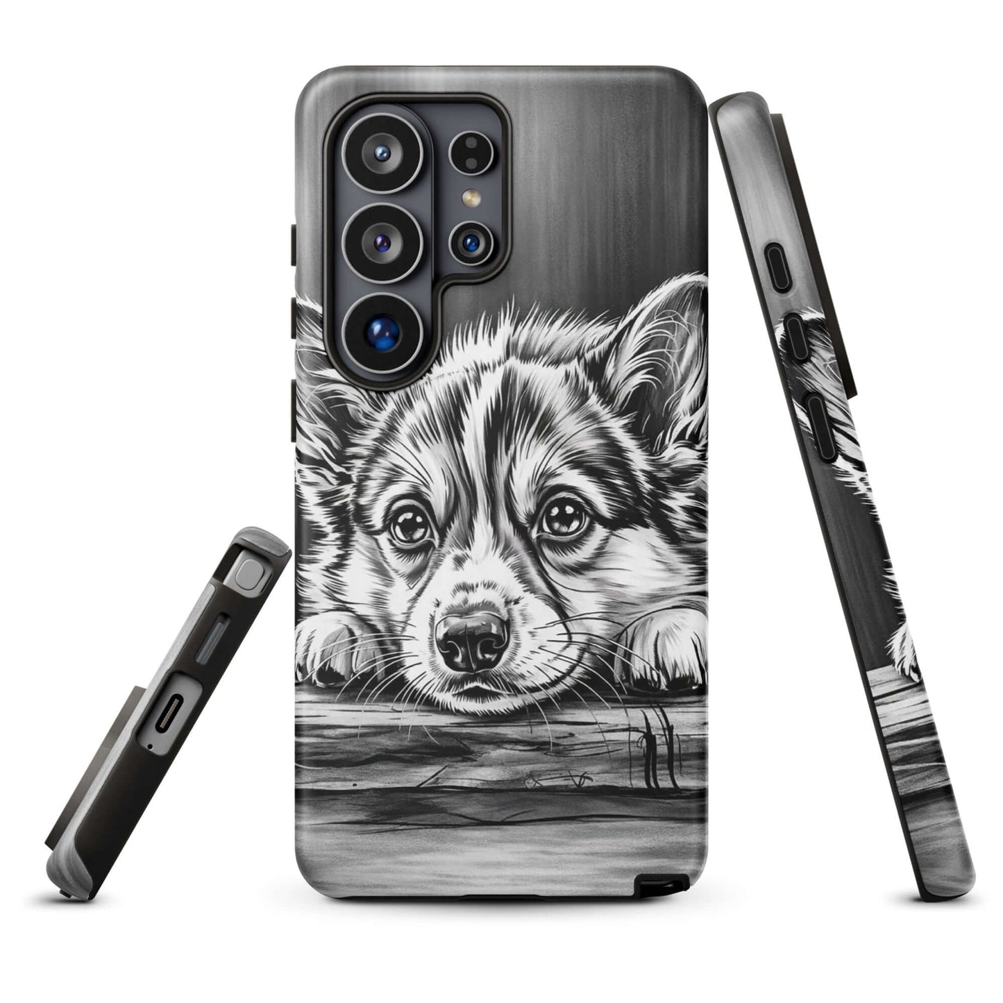 Phone Case for Samsung Galaxy with elegant black-and-white puppy art on textured wood background