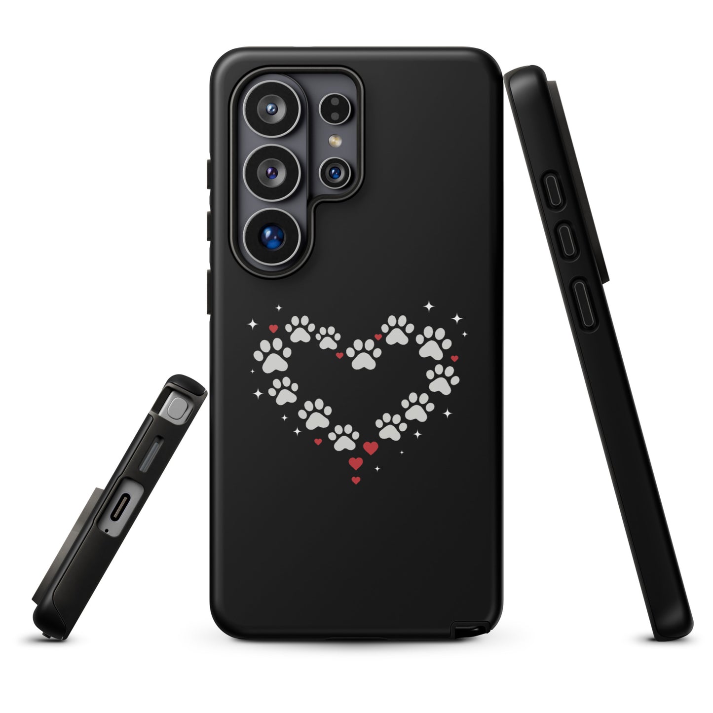 Phone Case for Samsung Galaxy featuring paw-print heart design on black background with red accents.