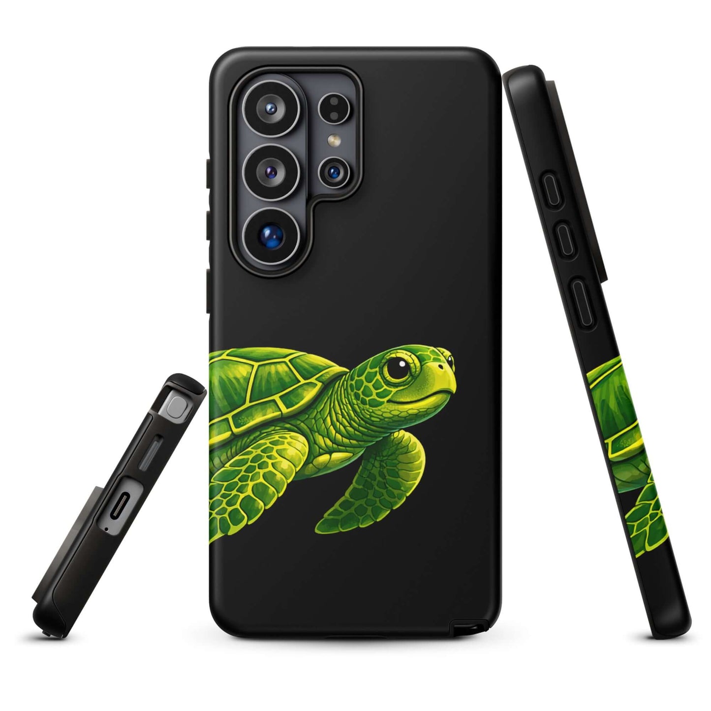 Sea turtle design phone case for Samsung Galaxy, offering style and protection with vibrant illustration on a black background.
