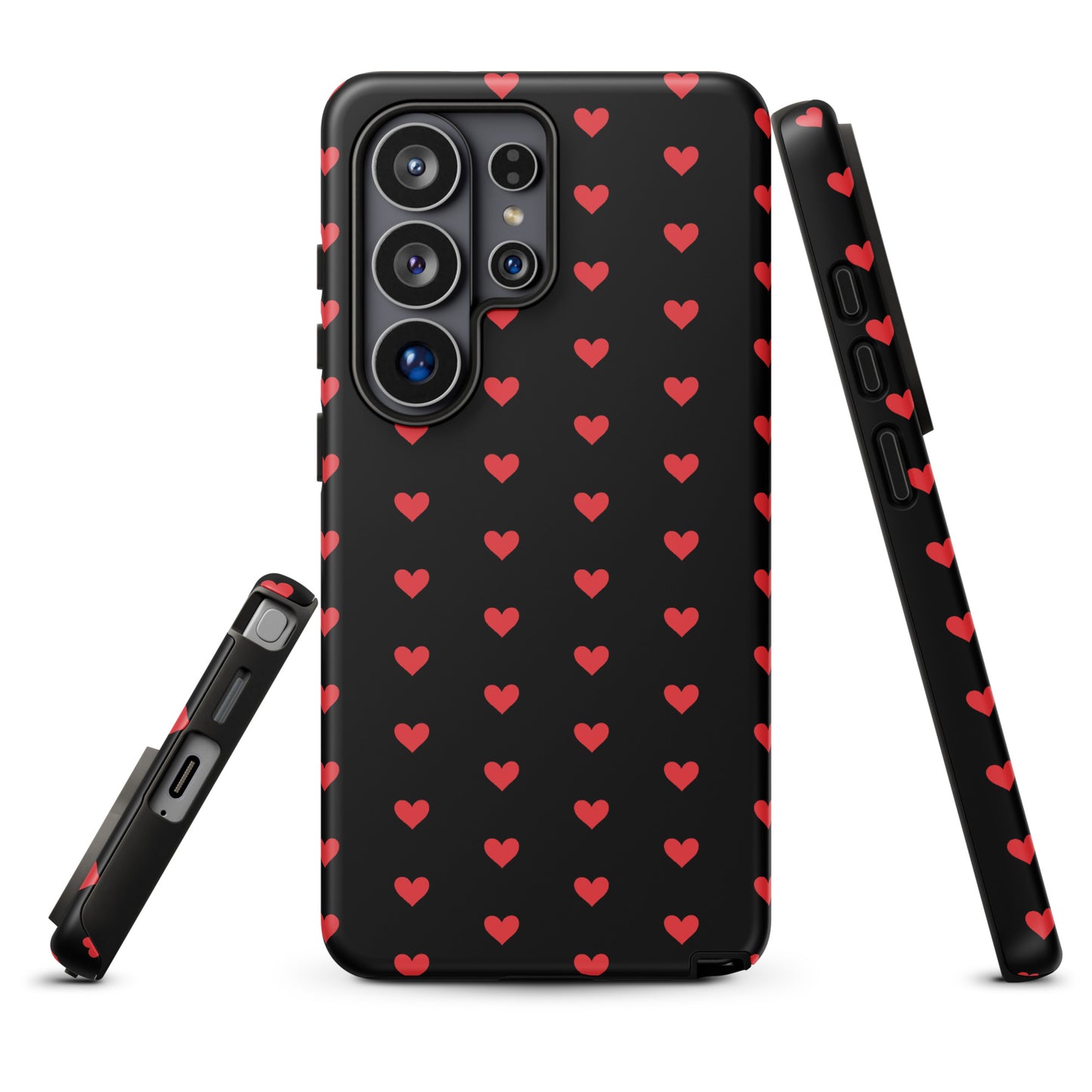 Phone Case for Samsung Galaxy with fiery red hearts on black backdrop, showcasing luxury design and protection.