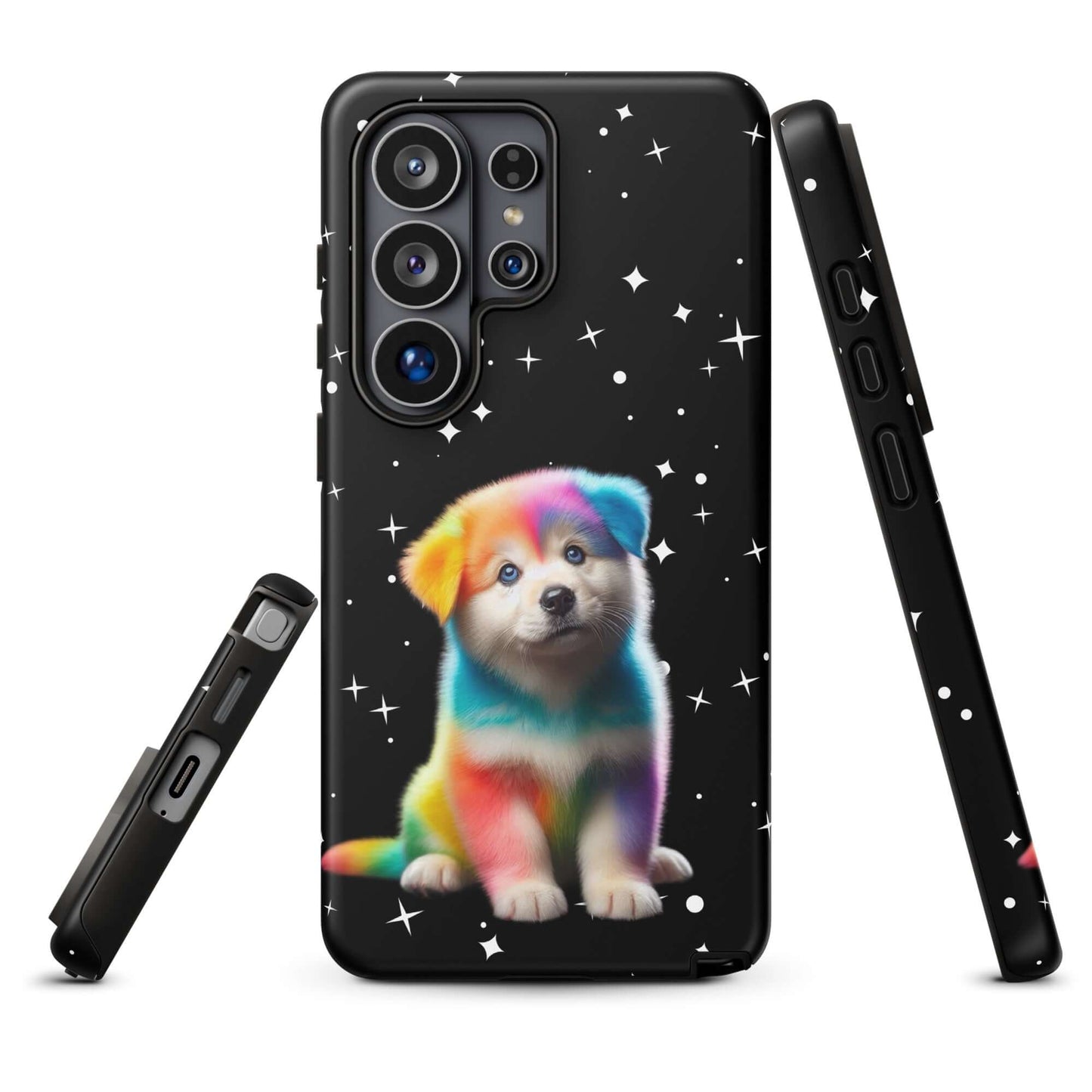 Phone Case featuring rainbow puppy design with starry night background for Samsung Galaxy, vibrant colors, and cosmic sparkle.