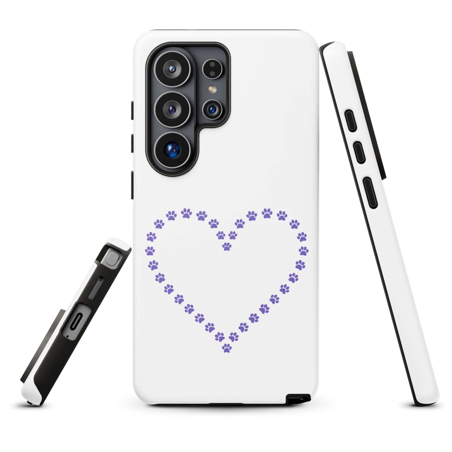 Phone Case for Samsung Galaxy with purple paw print heart design for pet lovers, featuring durable protection and playful animal design.