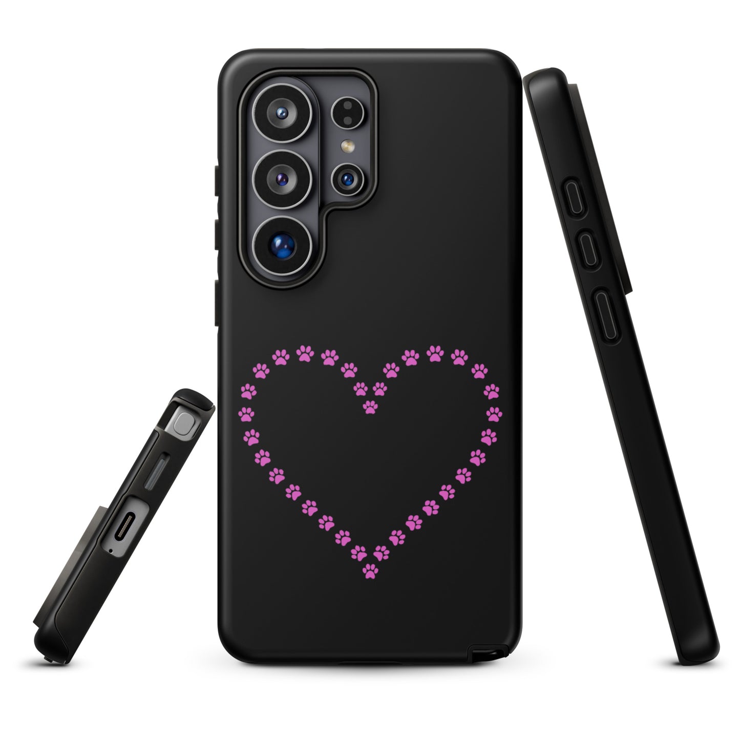 Phone Case for Samsung Galaxy with pink paw print heart design, black case for pet lovers, featuring durable protection.
