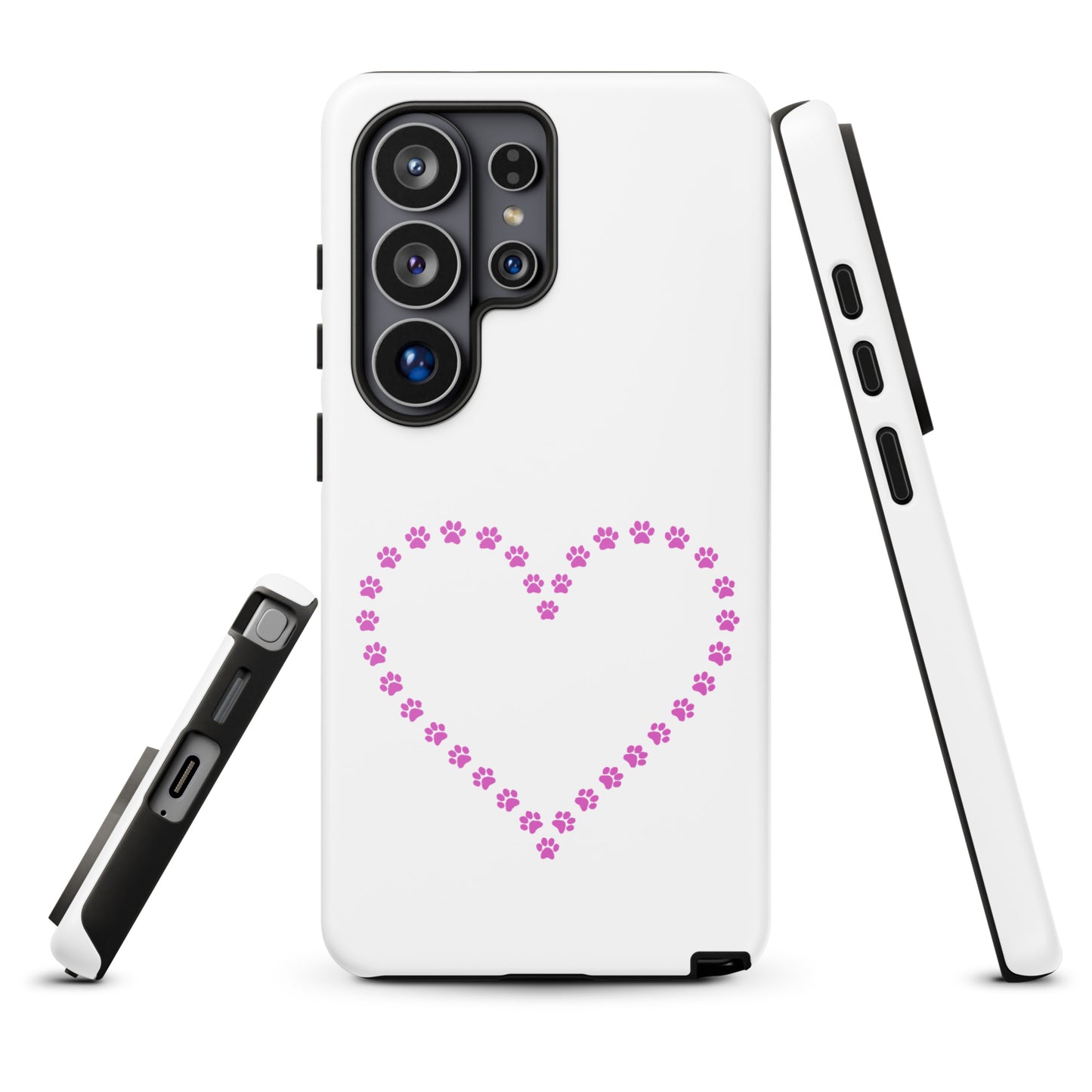 Phone Case for Samsung Galaxy with paw print heart design for pet lovers, featuring pink paw prints forming a heart on white background.