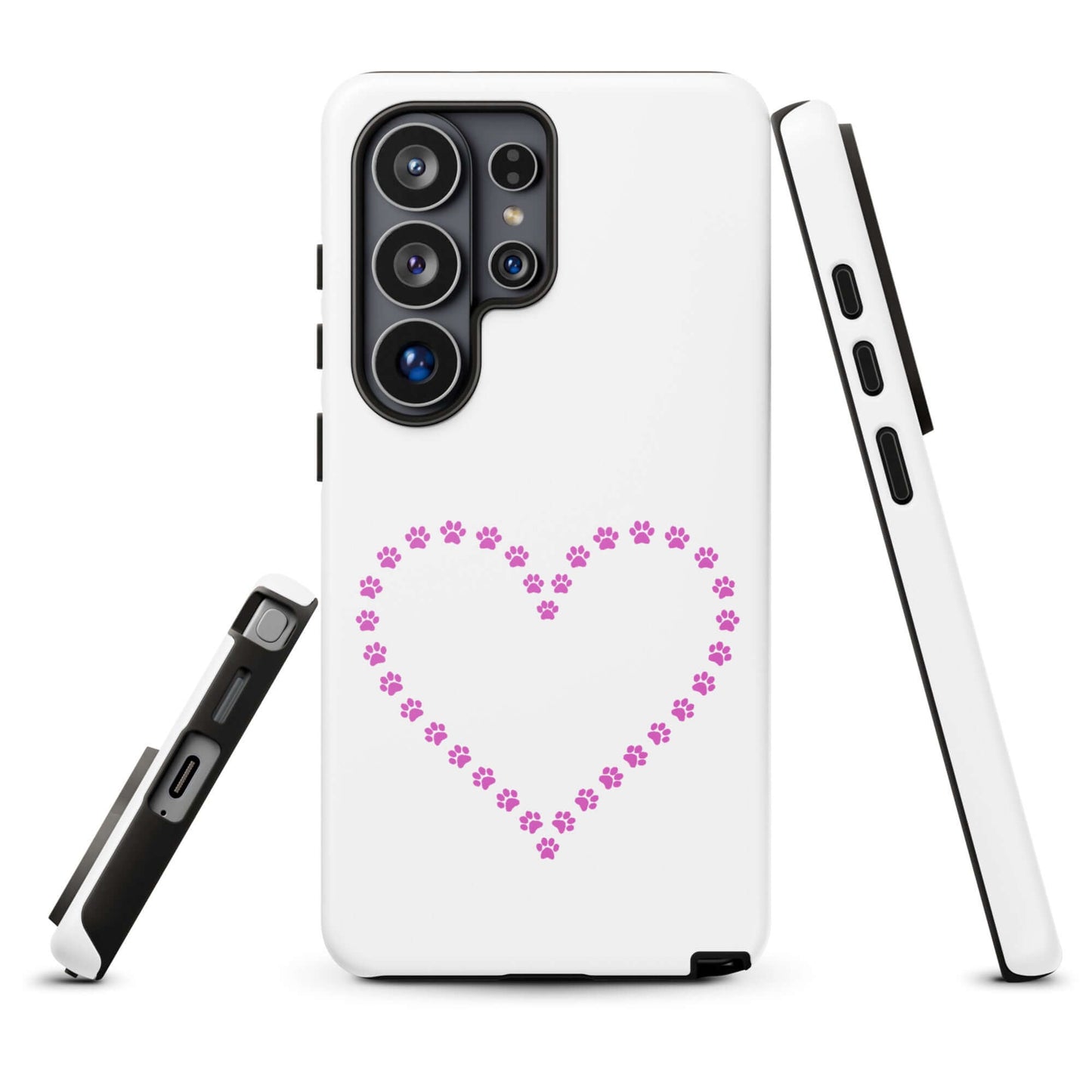 Phone Case for Samsung Galaxy with paw print heart design for pet lovers, featuring pink paw prints forming a heart on white background.