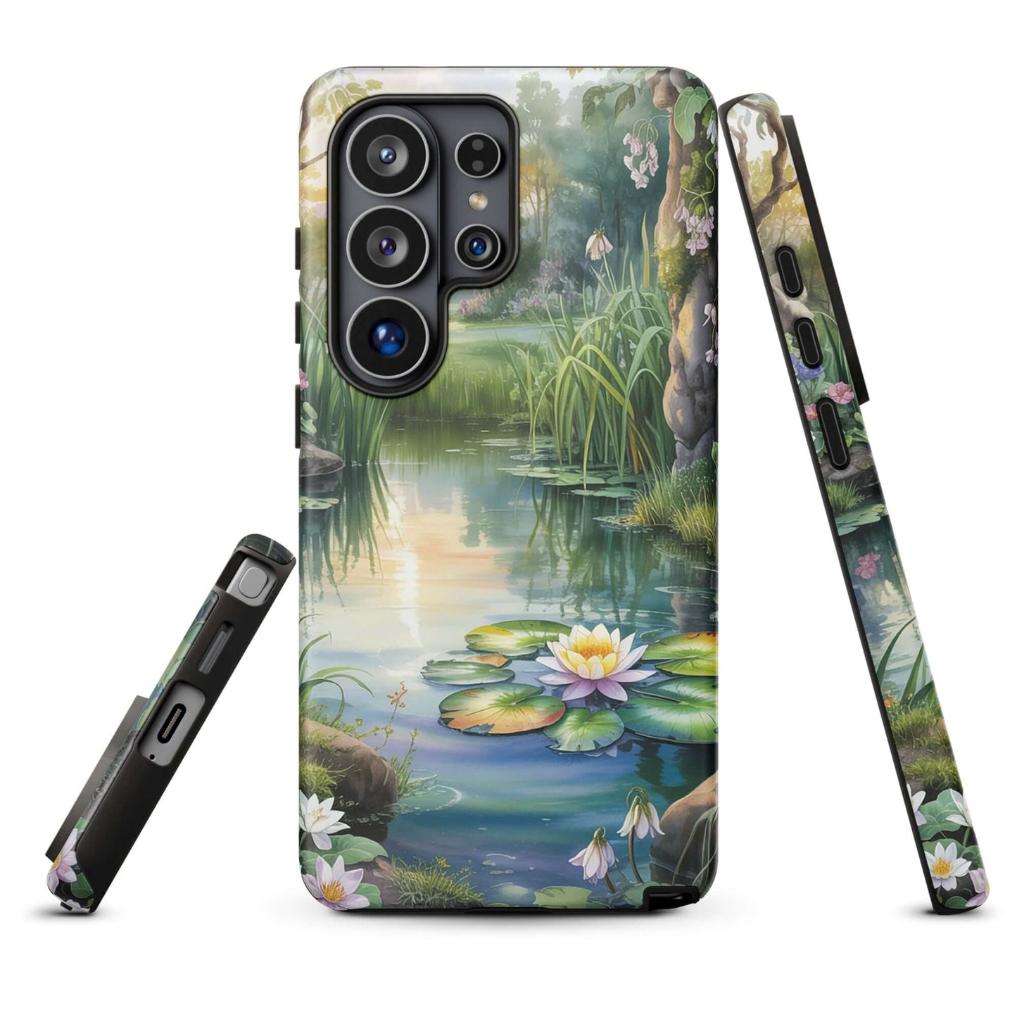 Enchanting Phone Case for Samsung Galaxy featuring a lily-pond design with wildflowers and golden reflections, serene and storybook-like.