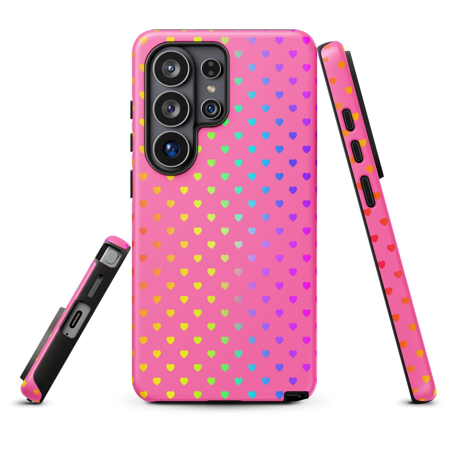 Pink phone case for Samsung Galaxy with colorful rainbow heart pattern.