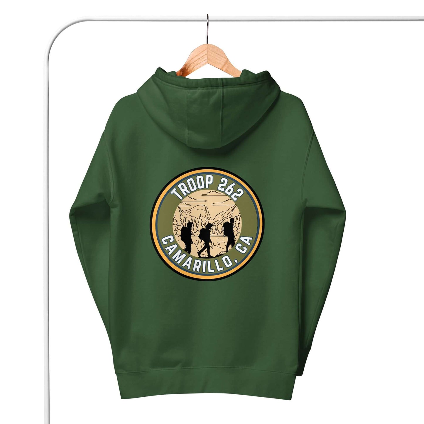 Back view of Troop 262 unisex hoodie in green, featuring a logo with outdoor elements and 'Camarillo, CA' text.
