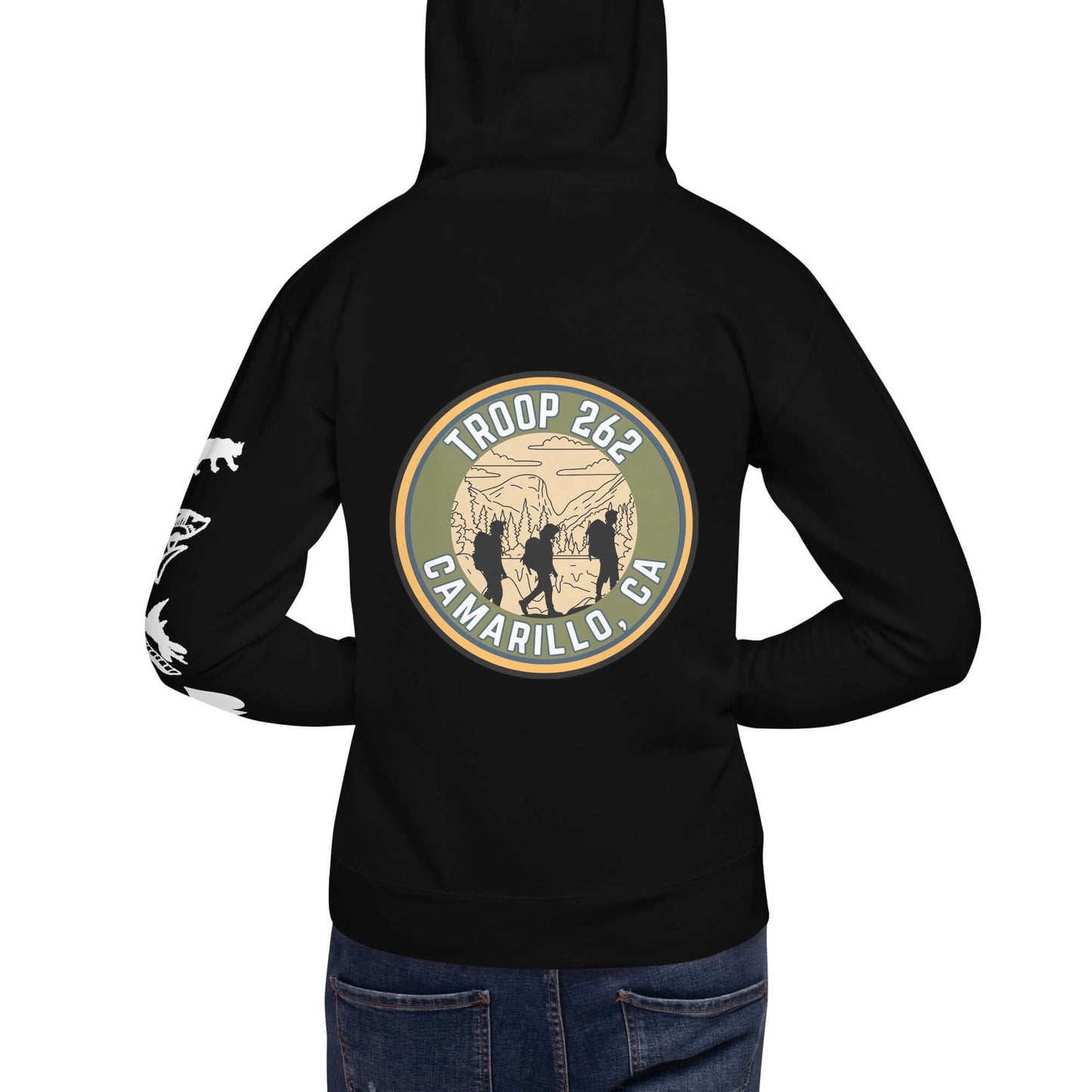 Back view of black Adult Unisex Hoodie featuring Troop 262 design and Camarillo, CA emblem.
