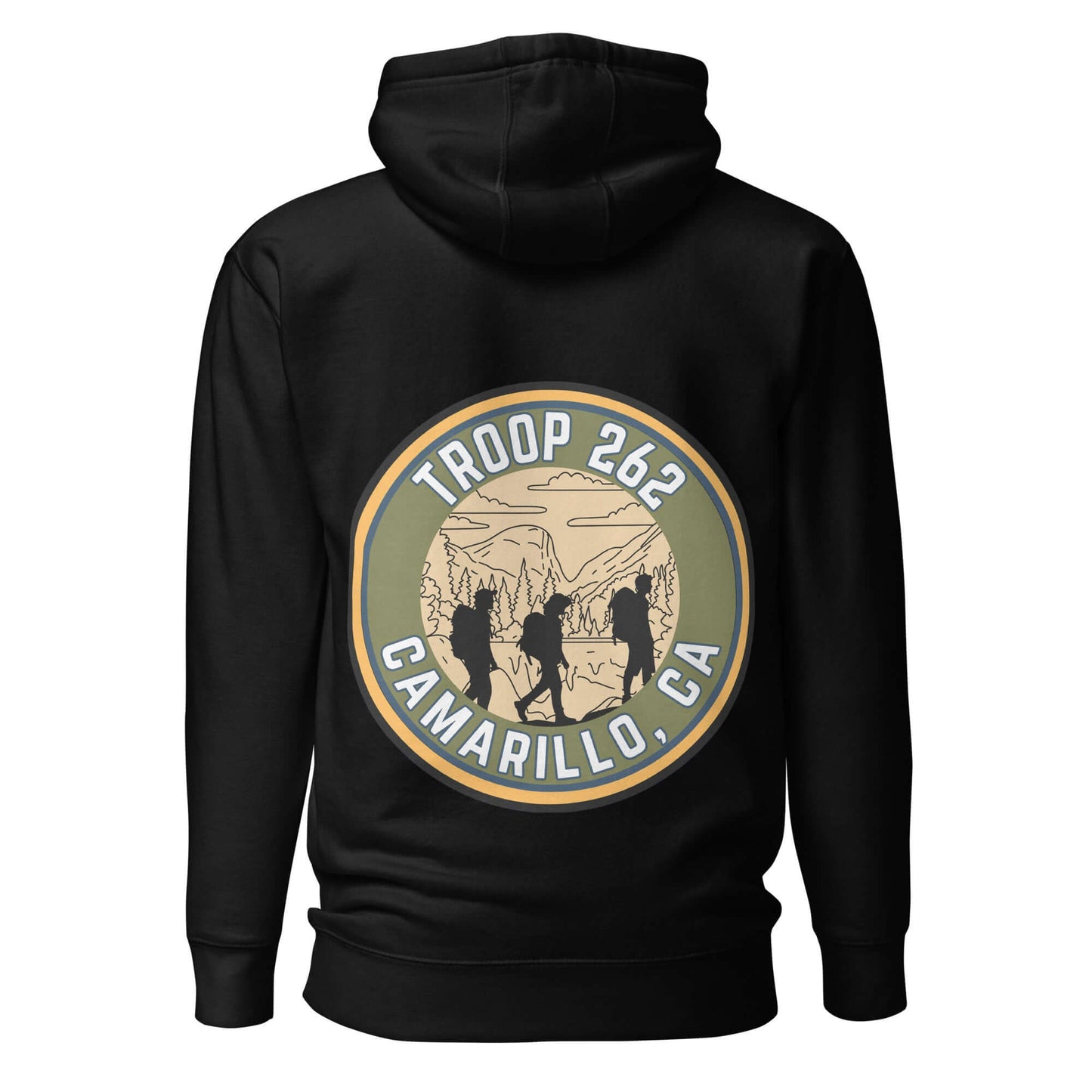 Adult unisex black hoodie featuring Troop 262 logo and hiking design, perfect for outdoor adventures.