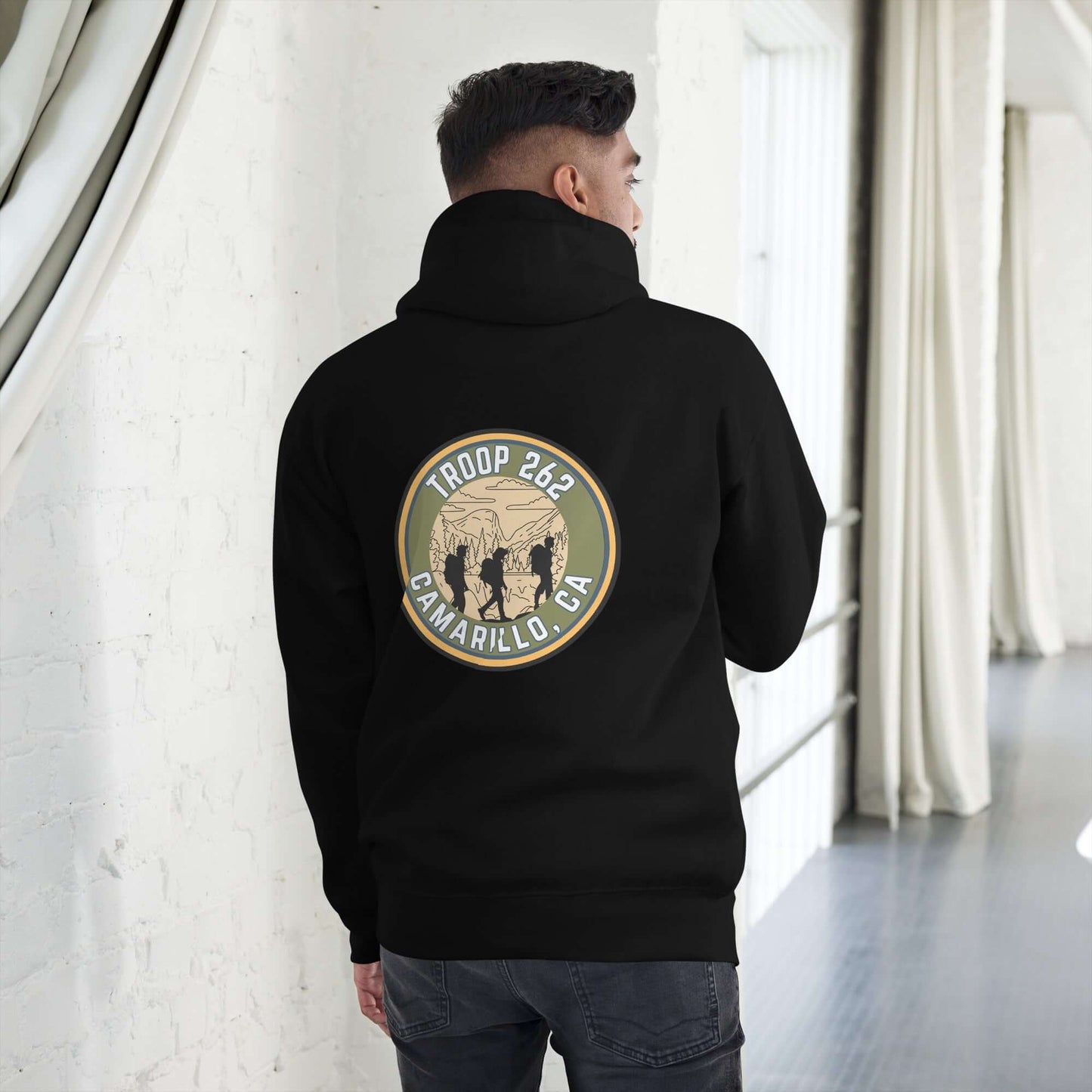 Back view of a black unisex hoodie featuring Troop 262 Camarillo, CA emblem.
