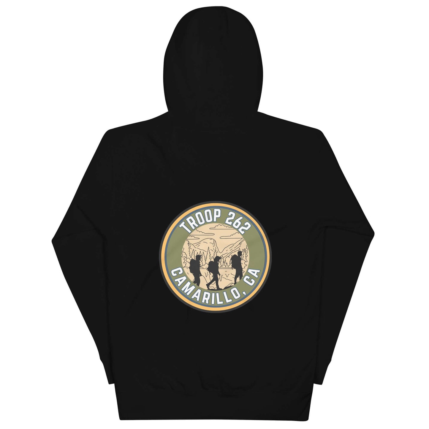Black unisex hoodie featuring Troop 262 logo from Camarillo, CA, ideal for outdoor adventures and casual wear.