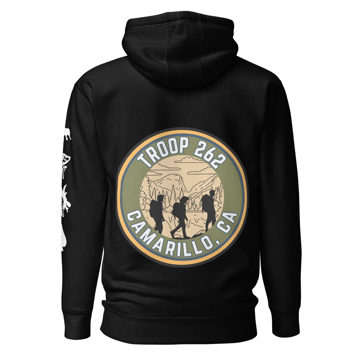 Adult unisex hoodie featuring Troop 262 Camarillo, CA design with outdoor scene on the back.