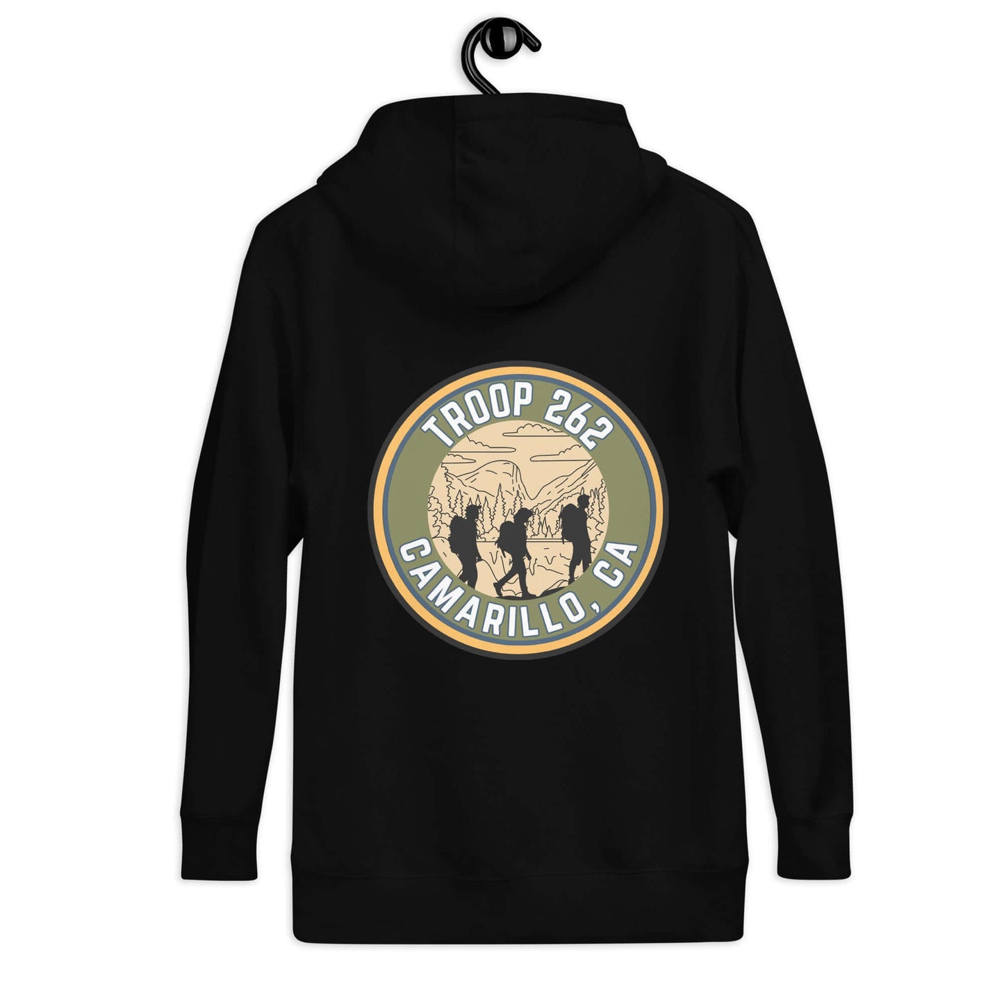 Black hoodie featuring Troop 262 Camarillo, CA logo on the back, perfect for outdoor activities.