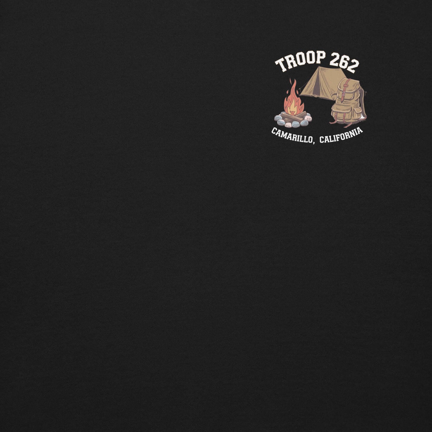 Troop 262 logo with campfire and tent design on black sweatshirt, representing Camarillo, California.