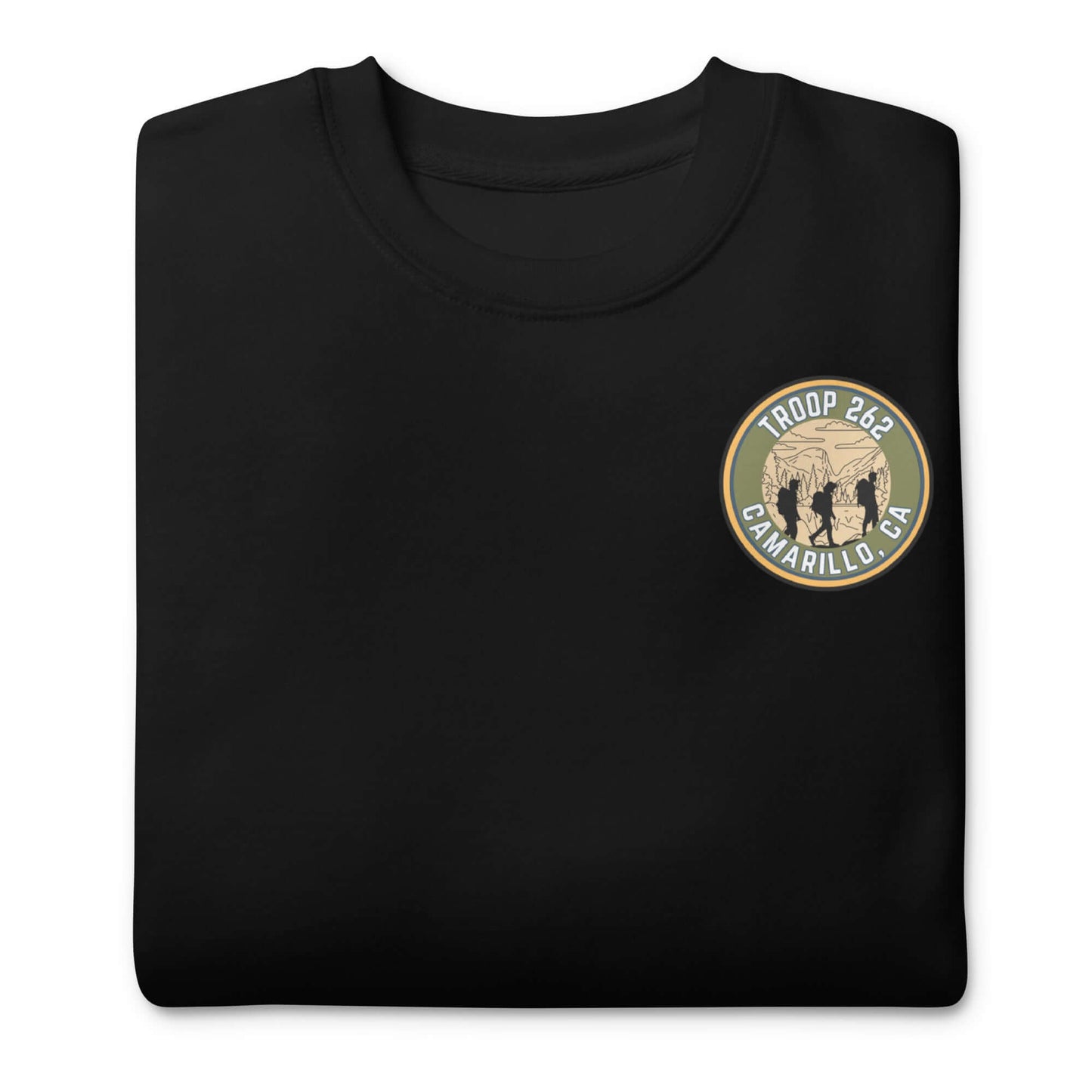 Black sweatshirt featuring Troop 262 Camarillo, GA logo, ideal for outdoor activities and casual wear.