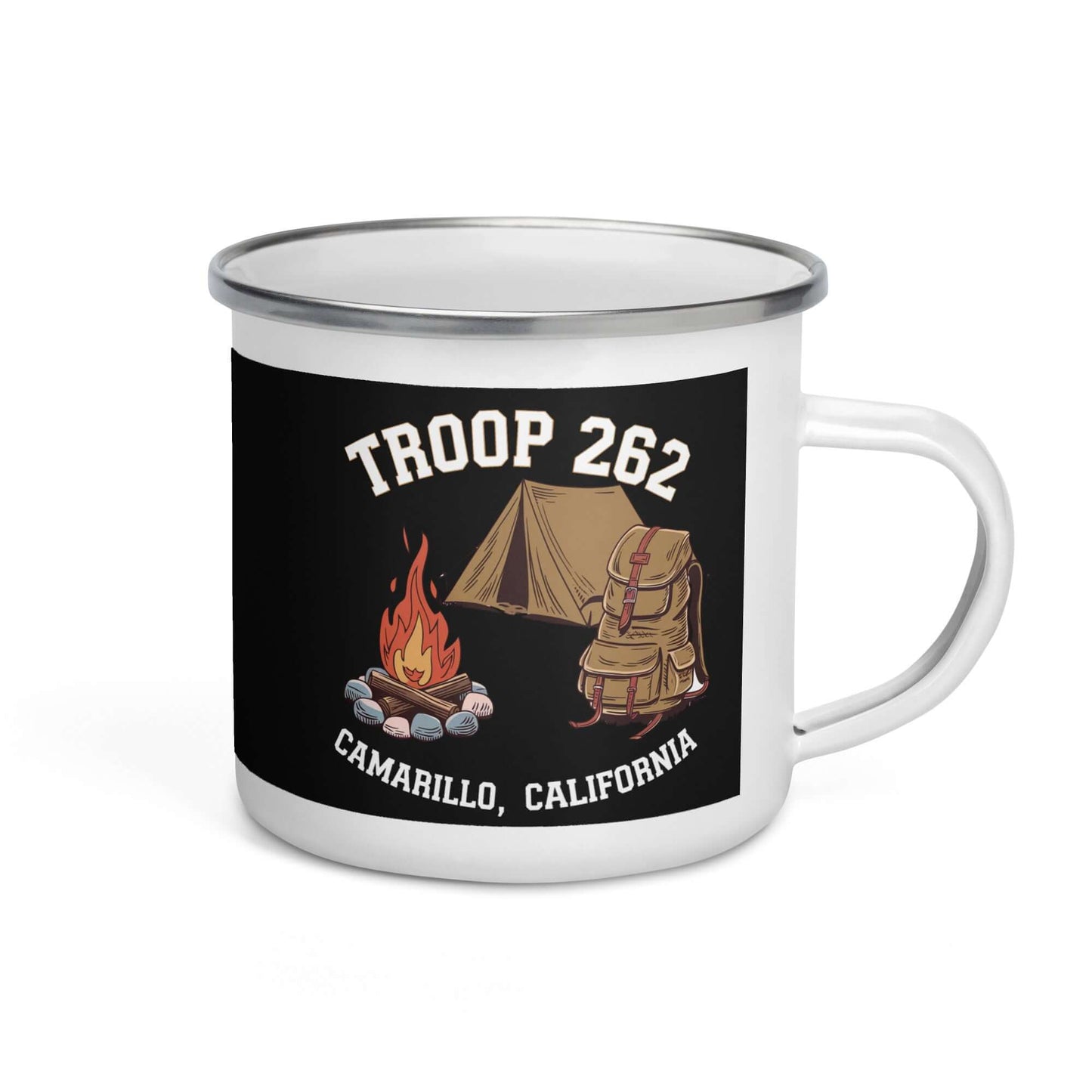 Enamel mug featuring Troop 262 design with campfire and tent, perfect for camping adventures.