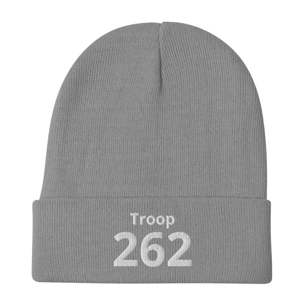 Gray embroidered beanie featuring "Troop 262" for warmth and style. Perfect for outdoor activities and cozy wear.