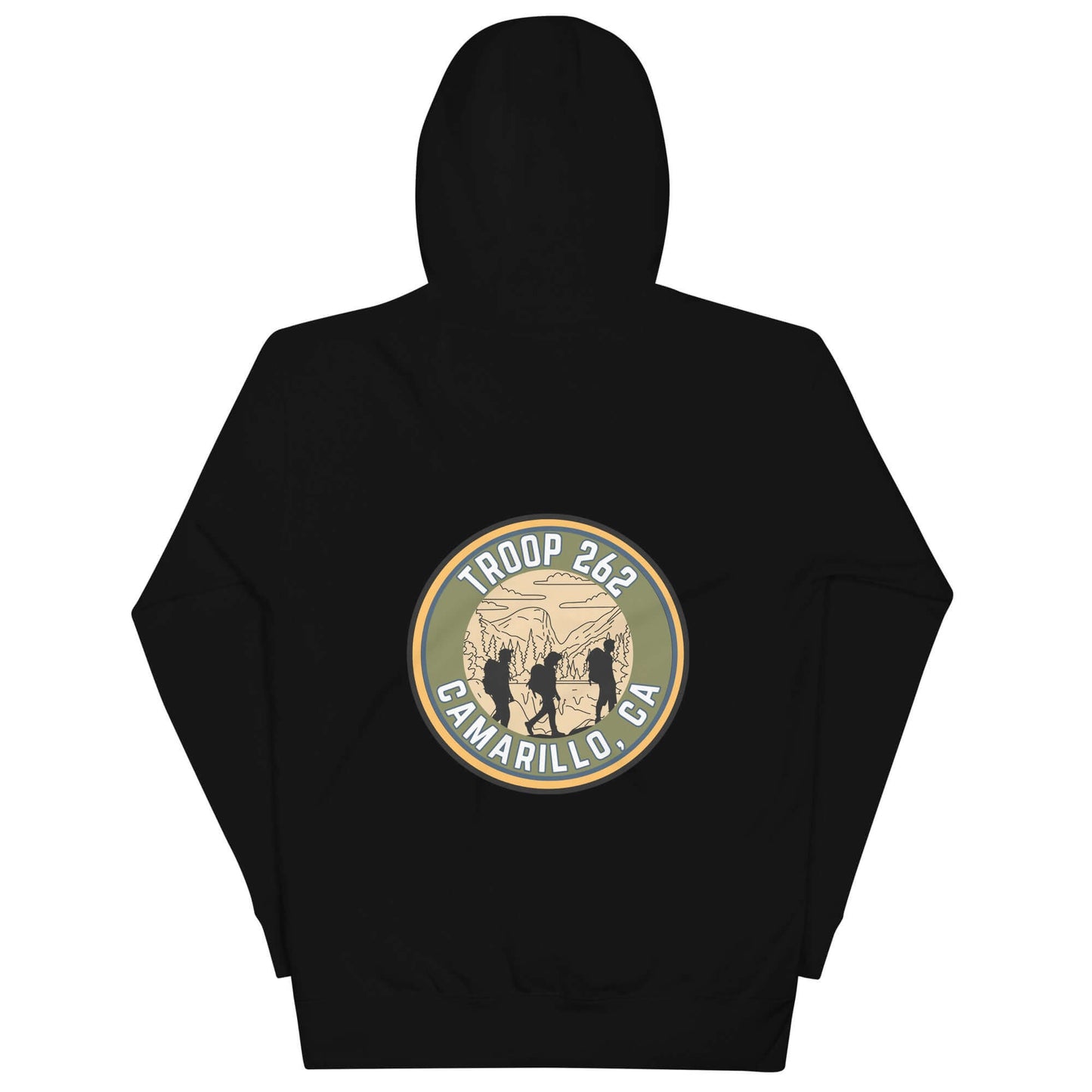 Back view of black hoodie featuring Troop 262 Camarillo, CA graphic design.