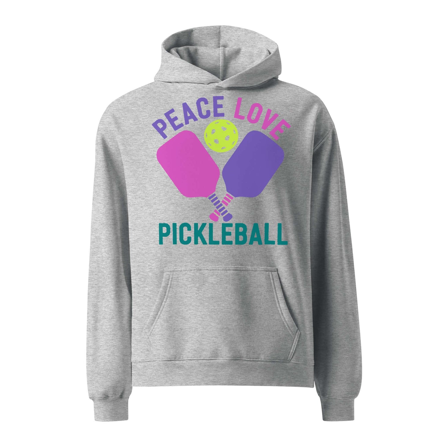 Women's oversized hoodie featuring Peace, Love, and Pickleball design on a gray background.