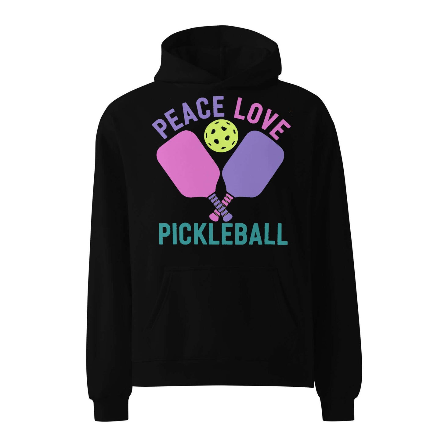 Women's oversized hoodie with 'Peace Love Pickleball' graphic, perfect for casual outings and pickleball enthusiasts.