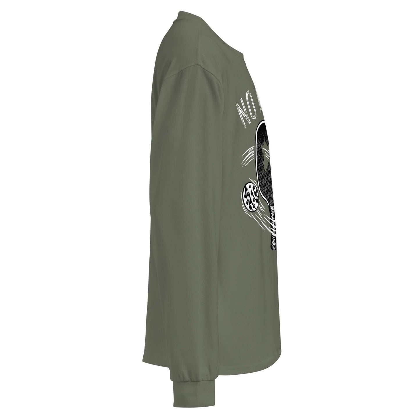 Side view of Pickleball No Mercy Premium heavyweight long sleeve shirt, ideal for warmth and comfort during chilly days.
