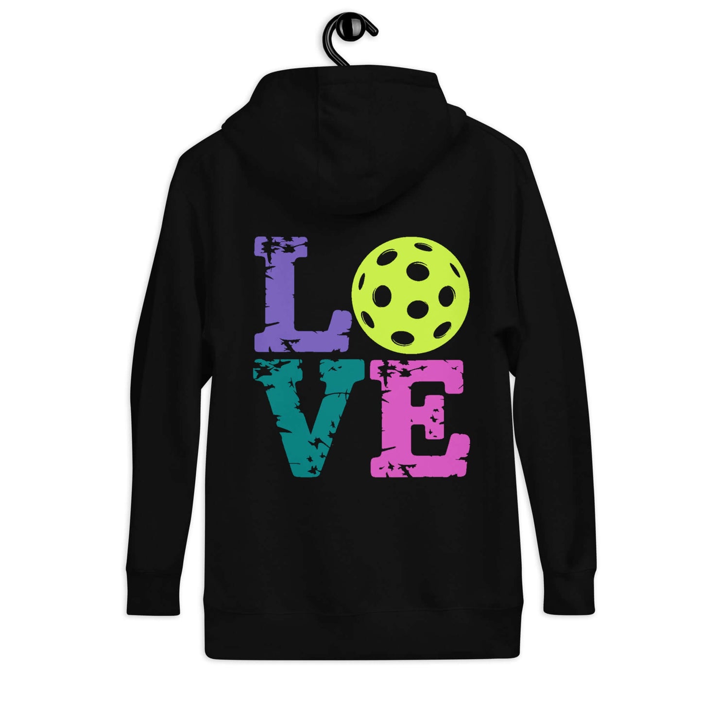 Back view of the Women's LOVE Pickleball Hoodie featuring colorful letters and a pickleball graphic.