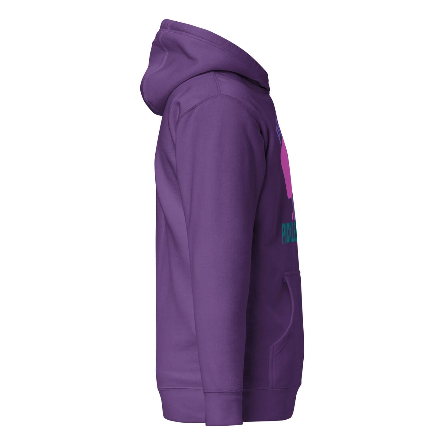 Side view of Women's Peace, Love, Pickleball Hoodie in purple, showcasing stylish design and cozy fit.