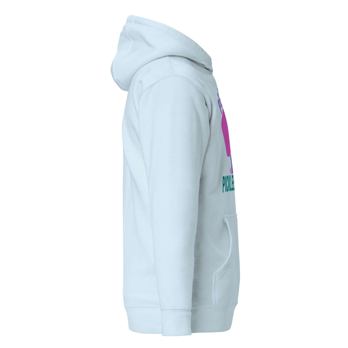 Side view of Women's Peace, Love, Pickleball Hoodie, showcasing light blue color and playful graphics.