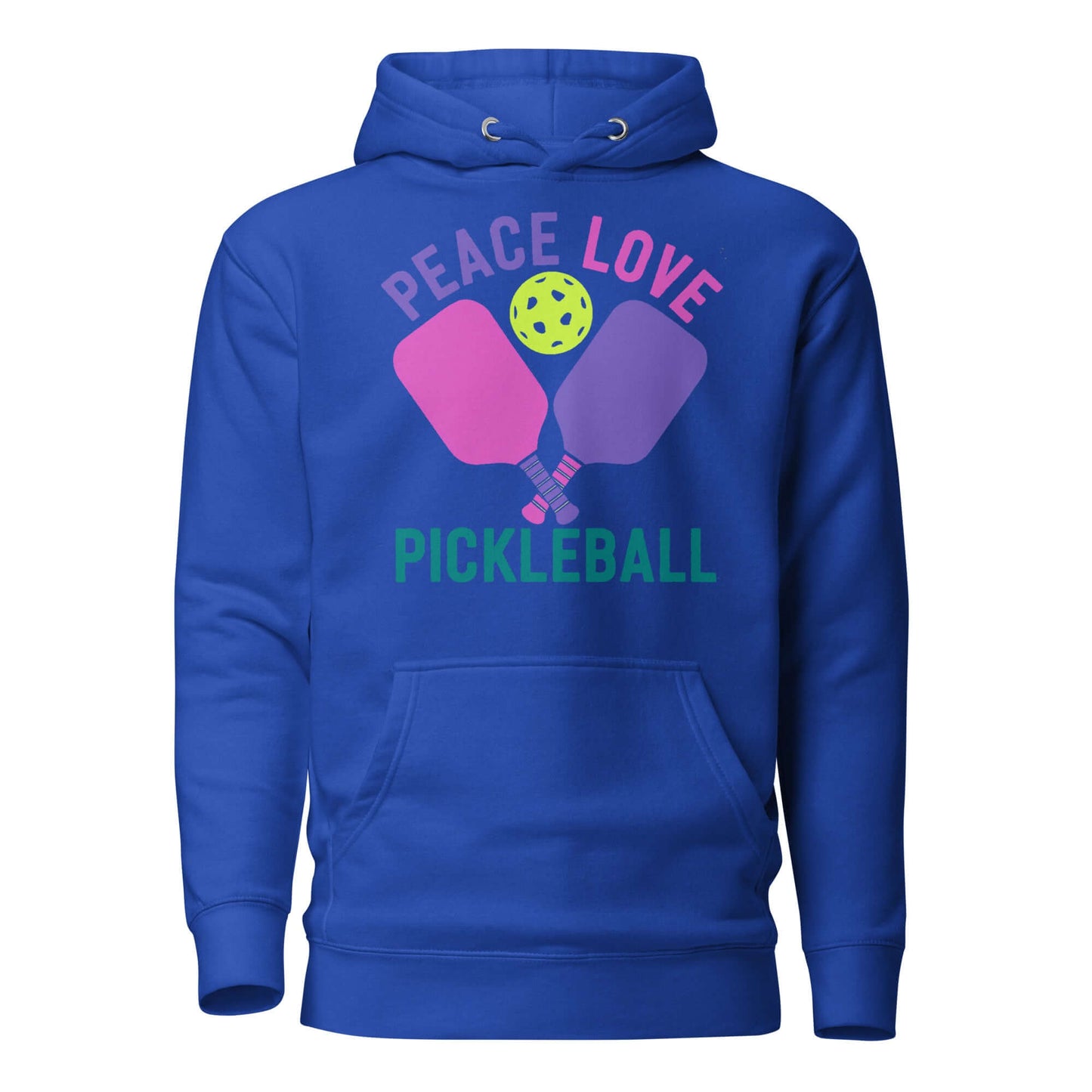 Women's blue hoodie with 'Peace Love Pickleball' design featuring paddles and a ball.