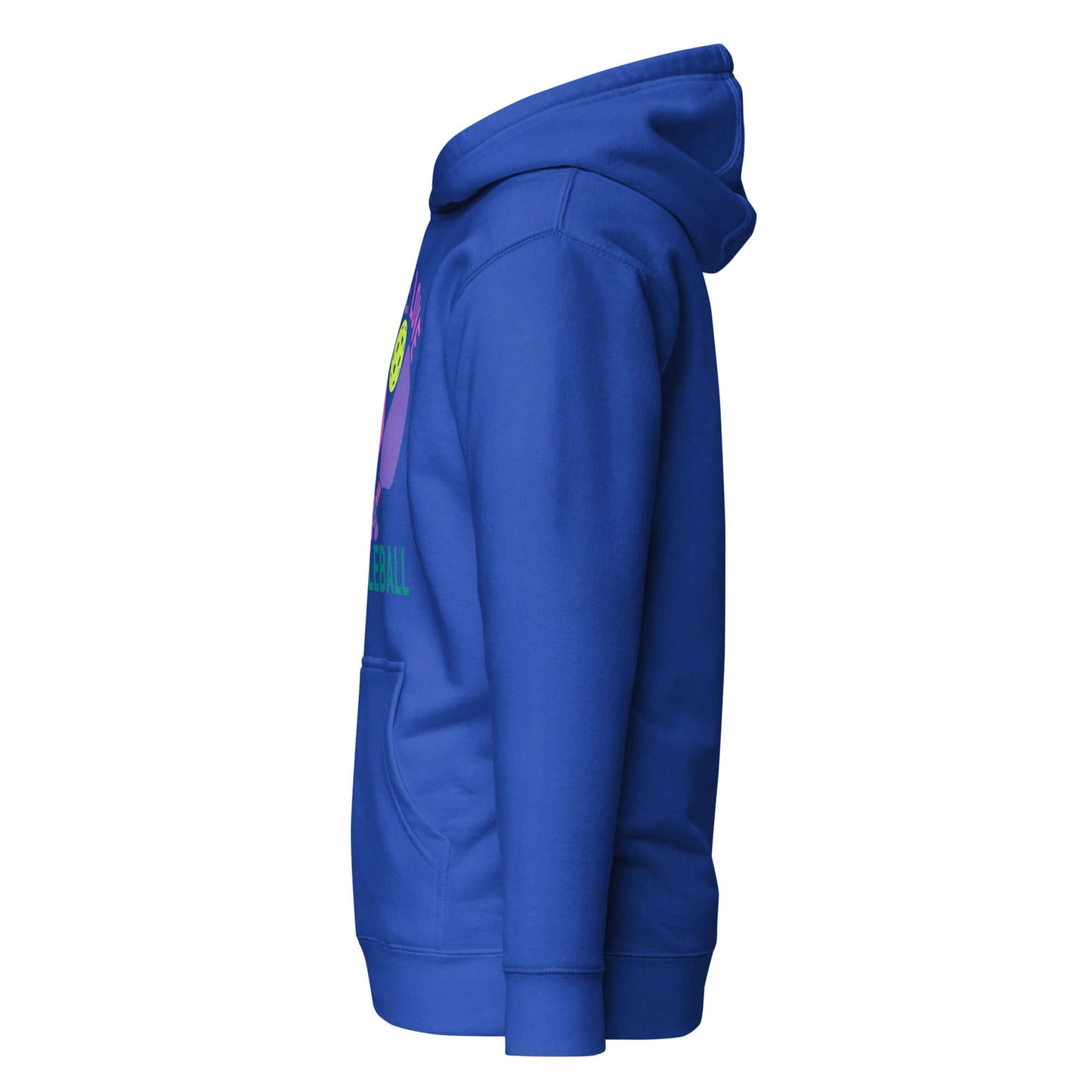 Side view of a blue Women's Peace, Love, Pickleball Hoodie, featuring a stylish design and cozy fit.