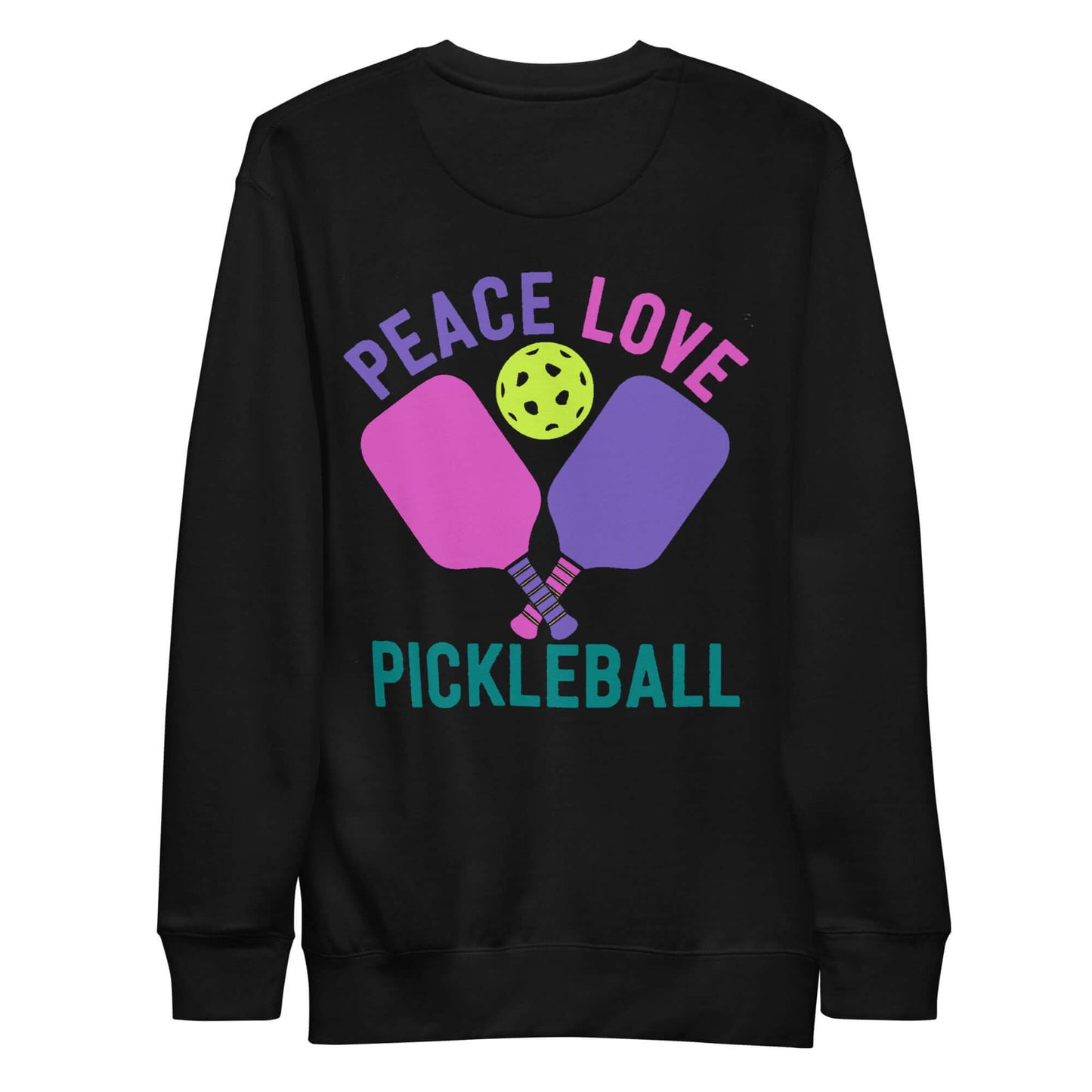 Women’s Peace, Love, Pickleball Premium Sweatshirt with colorful paddles and ball design.