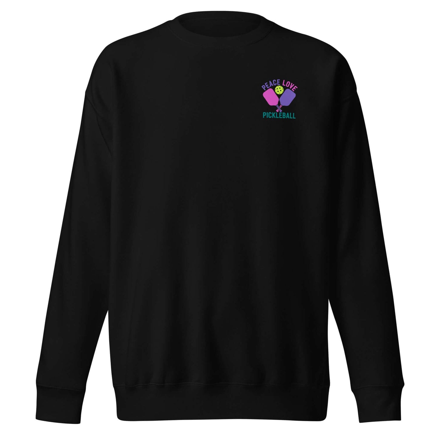 Women's black sweatshirt featuring 'Peace Love Pickleball' design, perfect for pickleball enthusiasts.