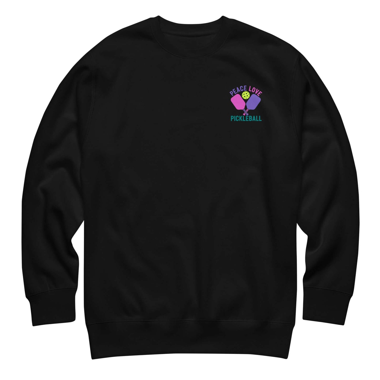 Women's black sweatshirt with 'Peace Love Pickleball' graphic, perfect for pickleball enthusiasts.