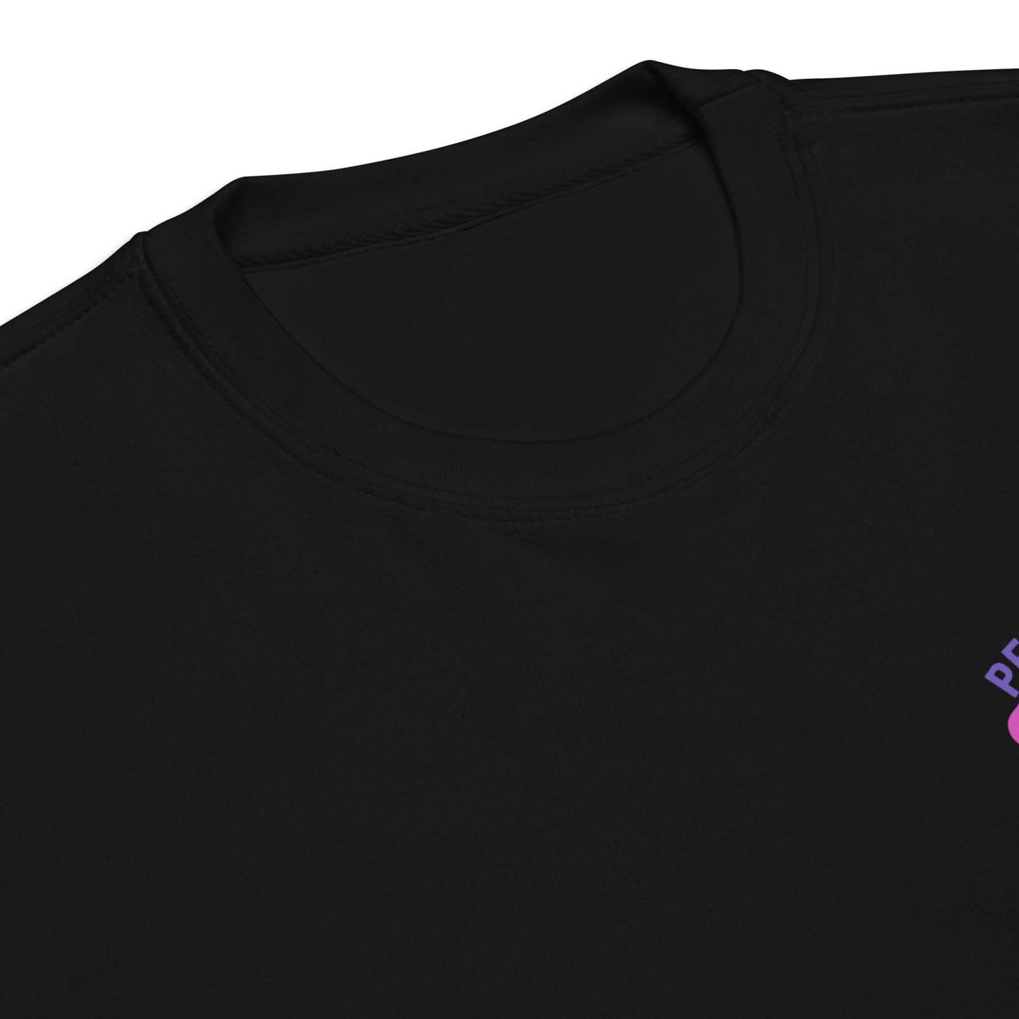Close-up of Women's Peace, Love, Pickleball Premium Sweatshirt neckline, showcasing its soft black fabric.