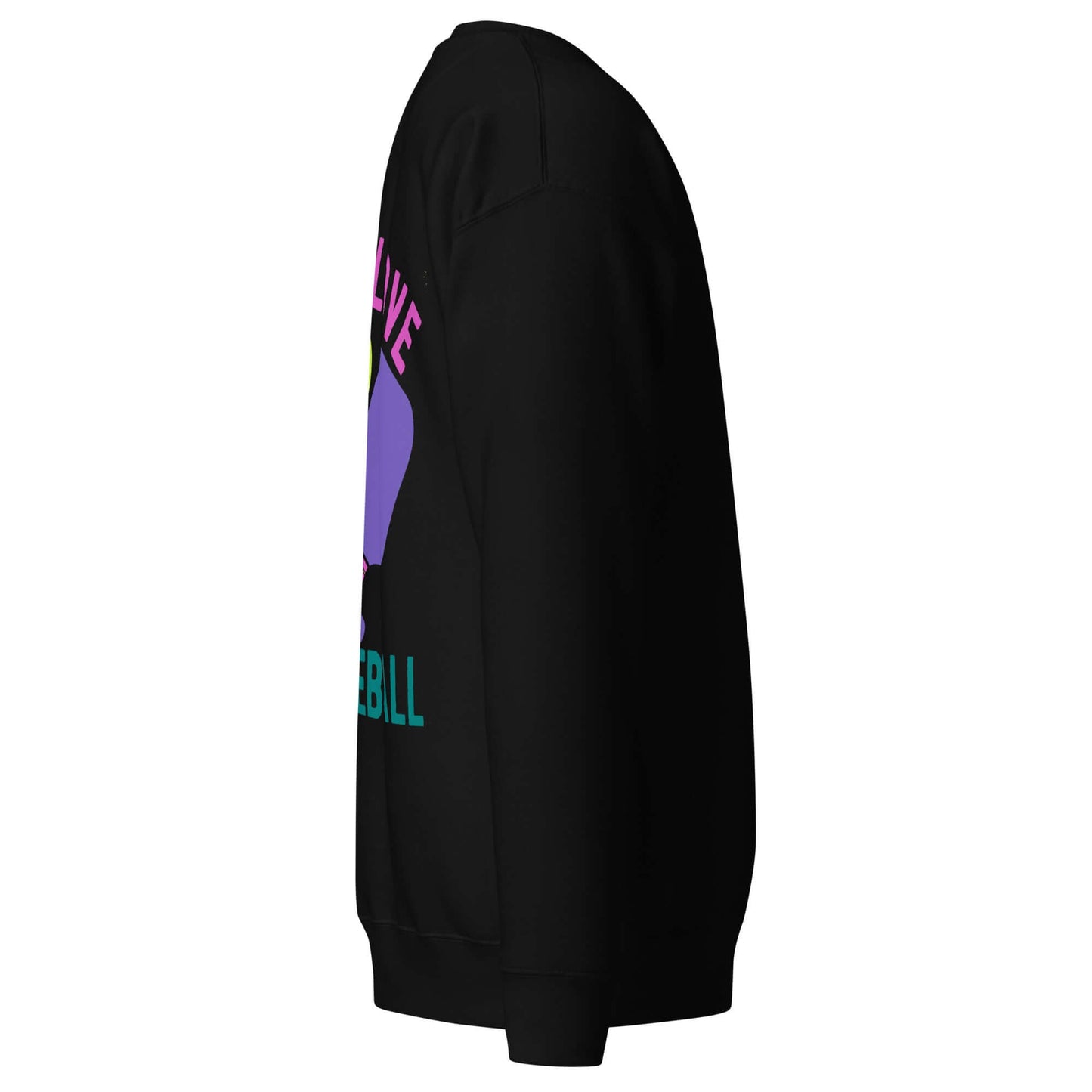 Side view of Women's Peace, Love, Pickleball Premium Sweatshirt in black, showcasing trendy design and comfortable fit.