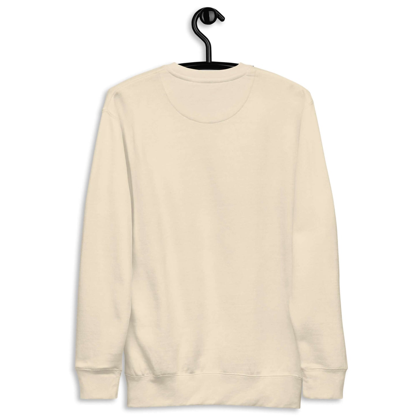 Back view of a light beige Women's Peace, Love, Pickleball Premium Sweatshirt on a hanger, showcasing its cozy design.