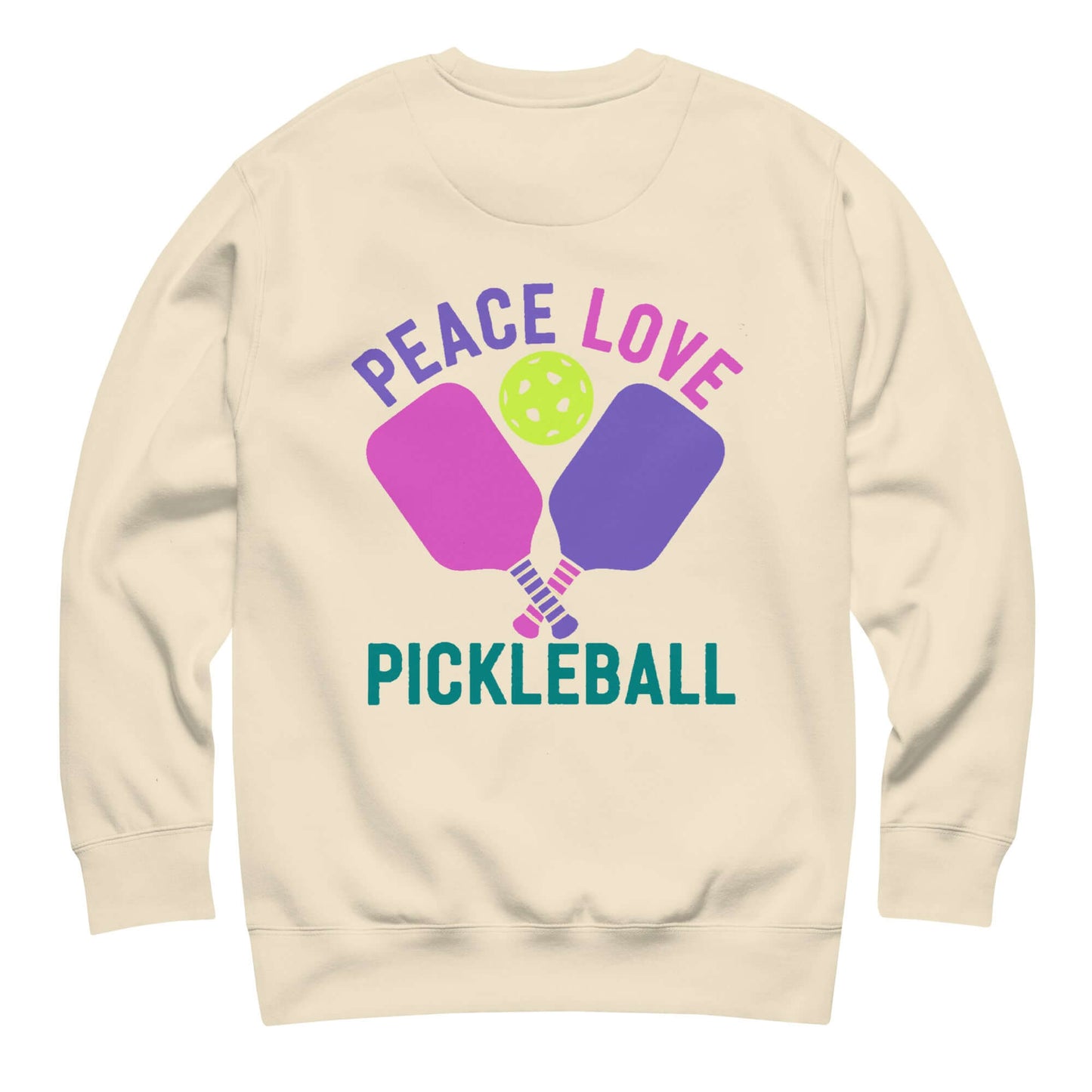 Women's sweatshirt with 'Peace Love Pickleball' design, featuring paddles and a pickleball in vibrant colors.