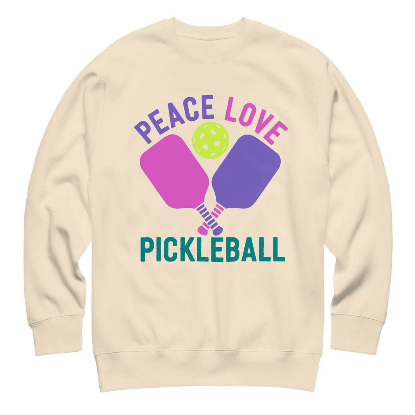 Women's Peace Love Pickleball Premium Sweatshirt featuring colorful paddles and a ball design.