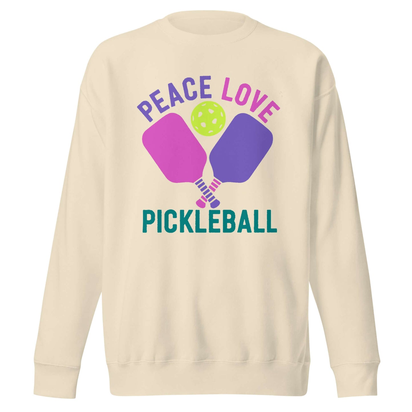 Women’s Peace Love Pickleball Premium Sweatshirt featuring colorful graphic design, perfect for pickleball lovers.