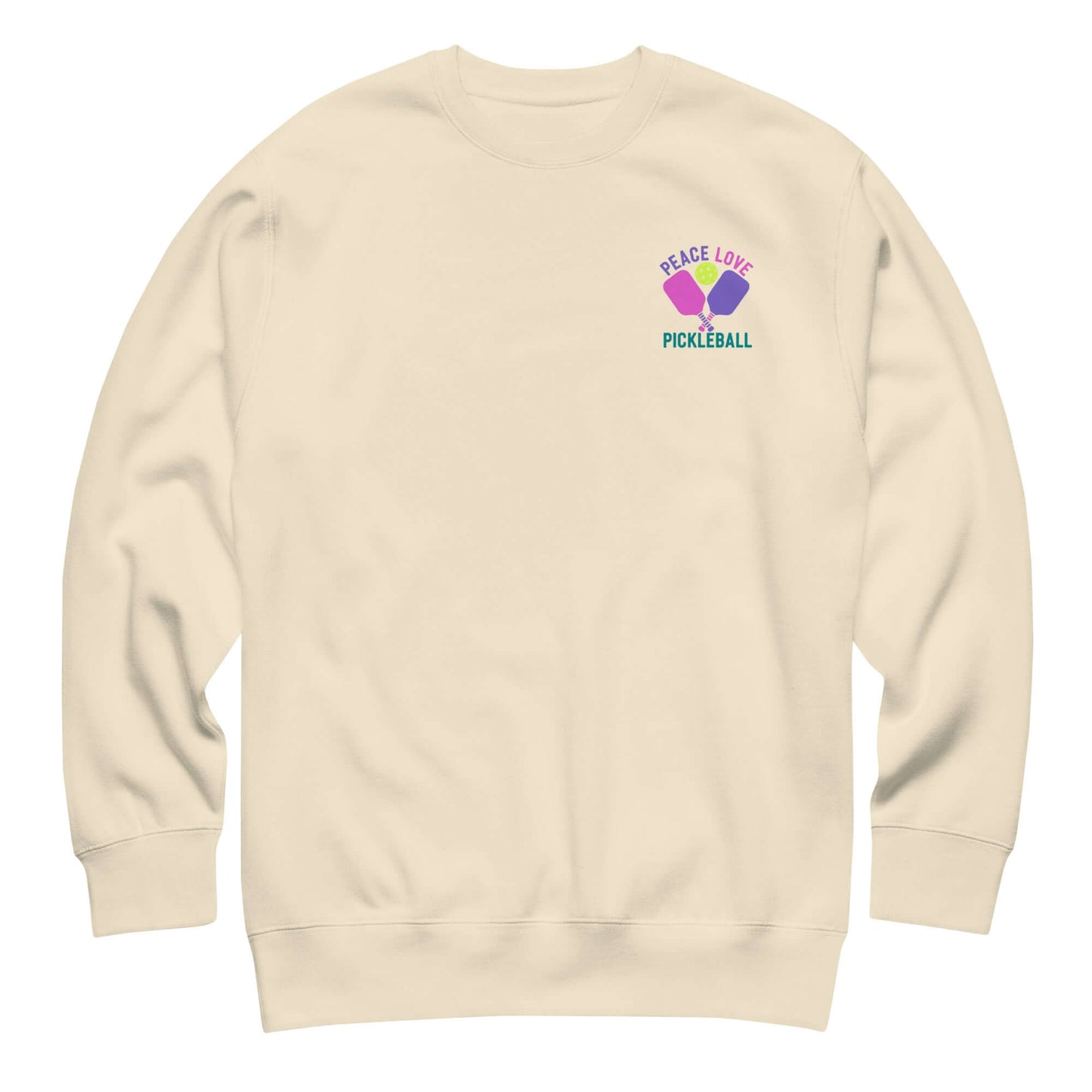 Women's premium sweatshirt featuring 'Peace Love Pickleball' graphic, perfect for stylish comfort and pickleball enthusiasts.