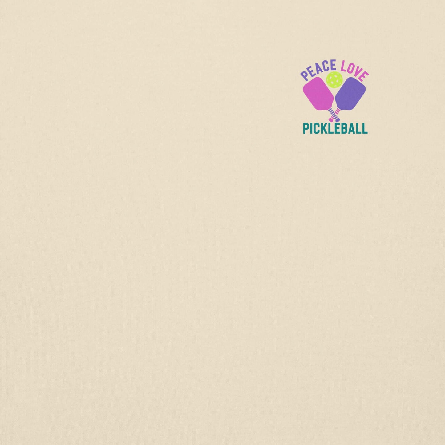 Women's Peace, Love, Pickleball Premium Sweatshirt with colorful logo design on soft fabric.
