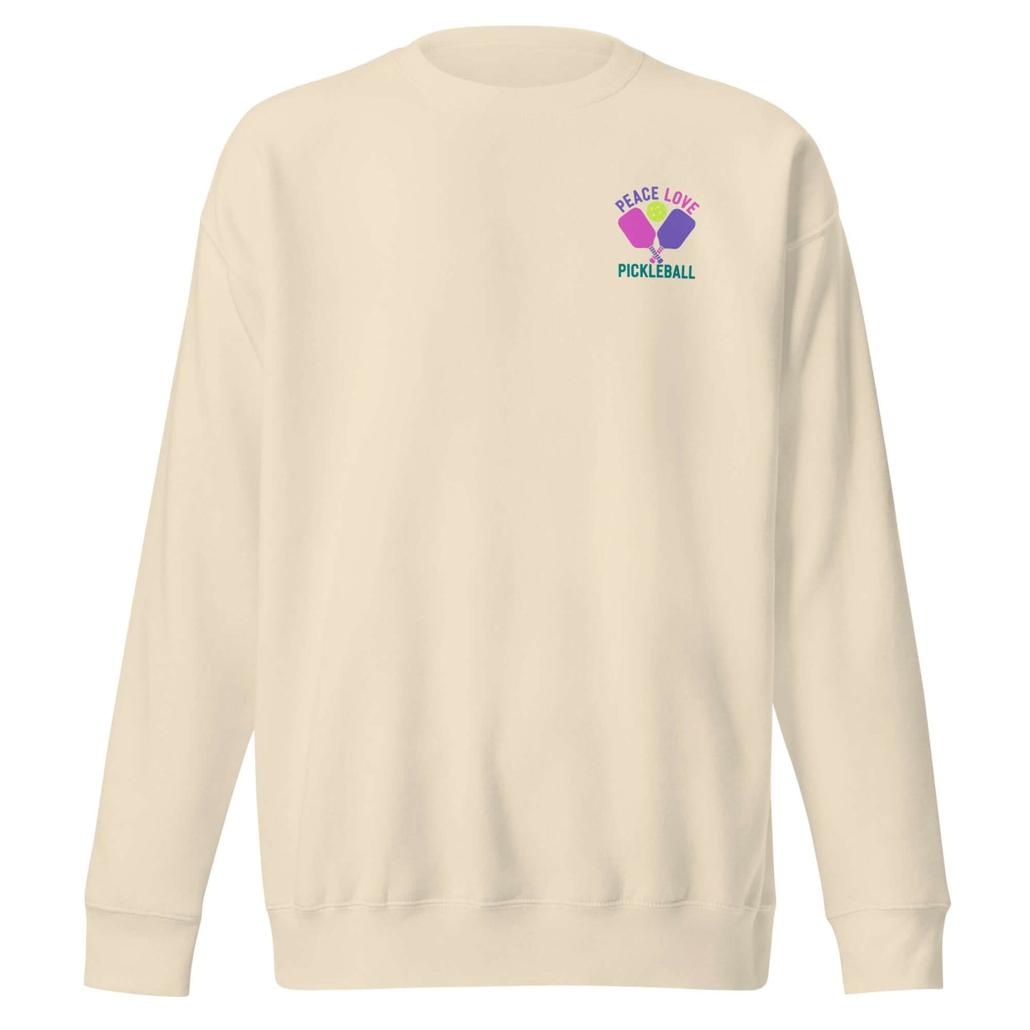 Women's Peace Love Pickleball Premium Sweatshirt in cream color with colorful graphic design